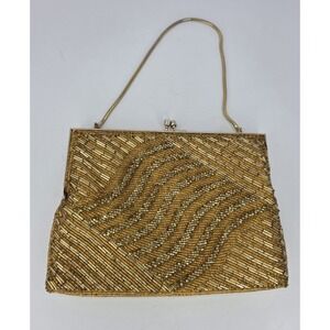 VTG 60s Walborg Gold Glass Hand Beaded‎ Seed Bead Purse Evening Bag ~Hong Kong